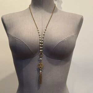 Gold-Tone Lariat Necklace with Faux Pearls & Tassel Pendant